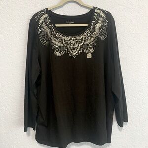 Catherines Black Floral Sparkling Long Sleeve Stretch Tee Shirt